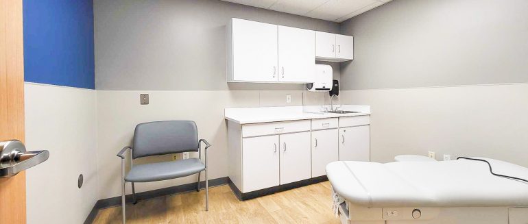 medical exam room, medical office renovation, flooring, wall protection, interior, hospital, medical, hvac, lighting, painting, ceiling grid